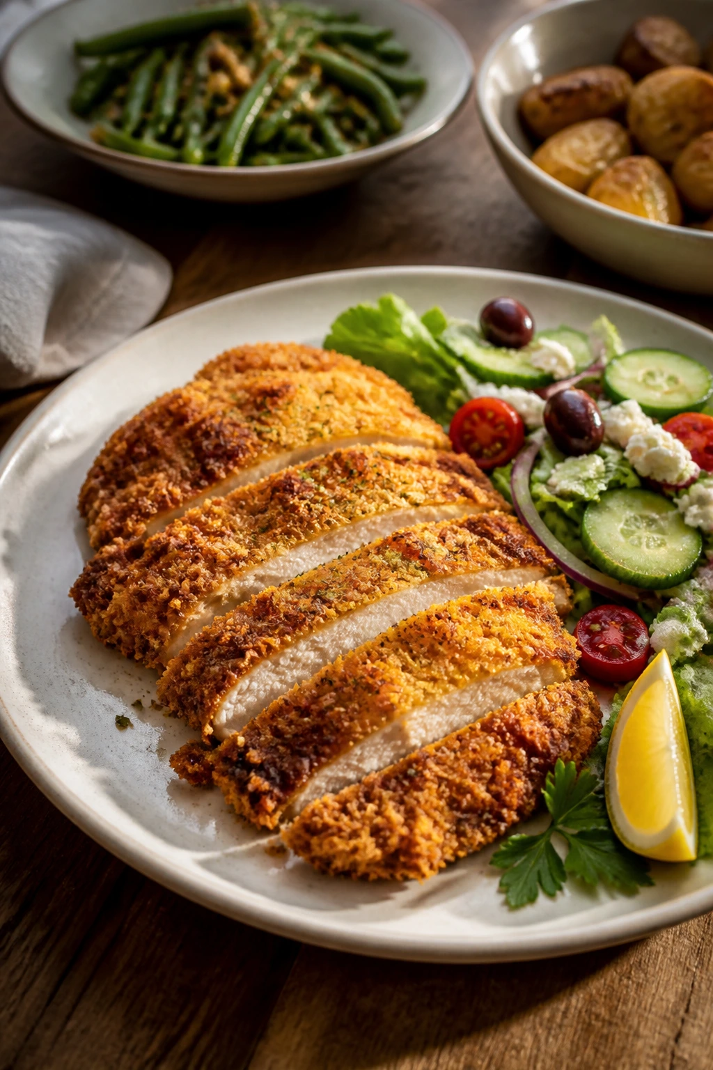 Plated crispy yogurt chicken with lemon wedge and parsley