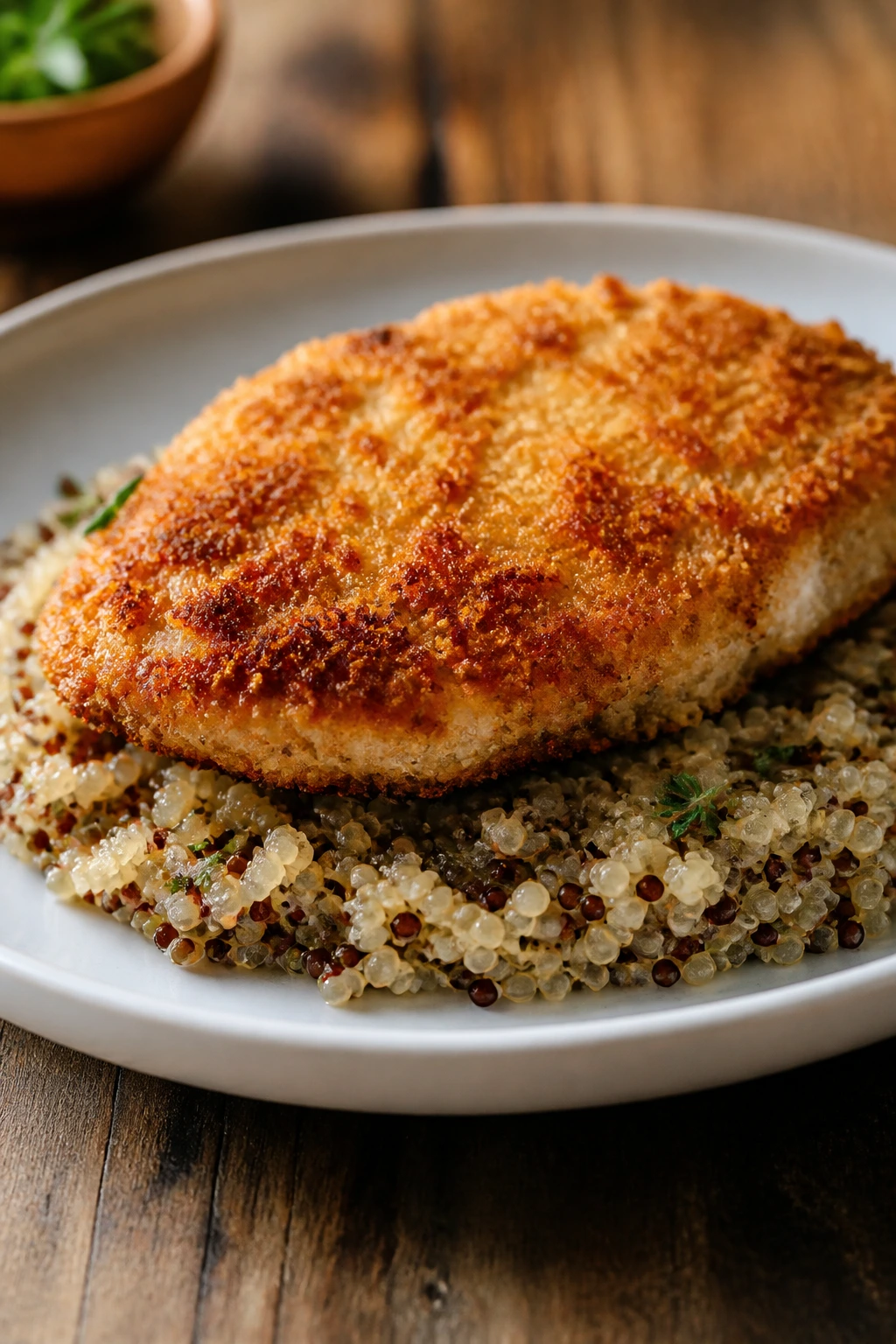 Close-up of crispy chicken on quinoa, highlighting the crust on a shallow plate in warm kitchen light