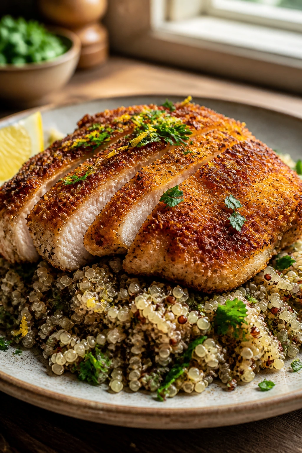 Close-up of crispy chicken over quinoa on a rustic plate with lemon zest and parsley