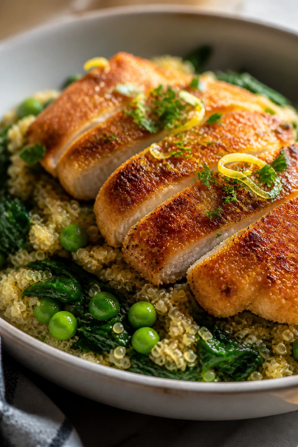 Plated crispy chicken with quinoa and greens highlighting flavor boosts