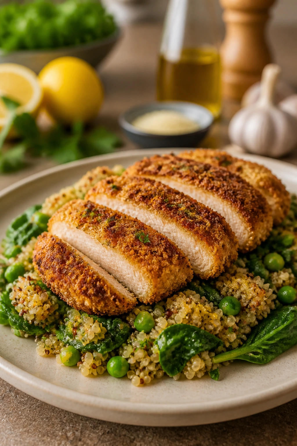 Close-up of plated crispy chicken with panko-Parmesan crust over lemon-herb quinoa and greens