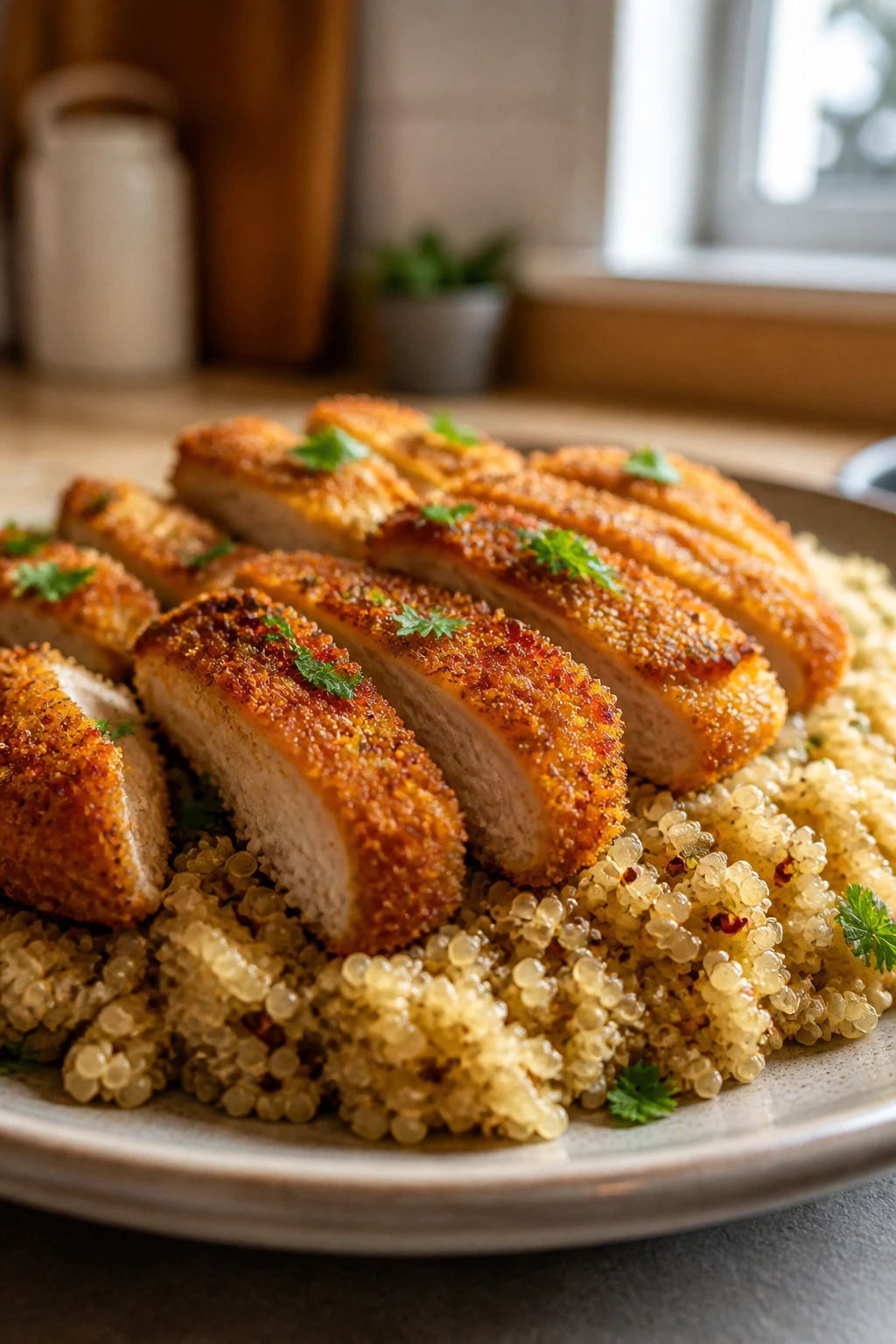 Close-up plate of crispy chicken and fluffy quinoa in a warm kitchen