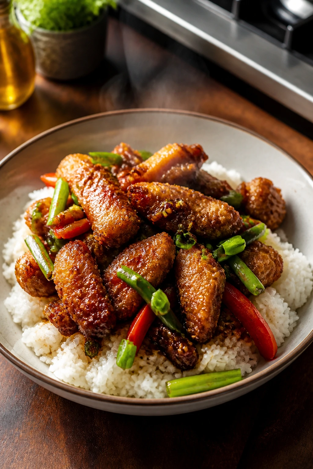 Crispy chicken over jasmine rice on a plate