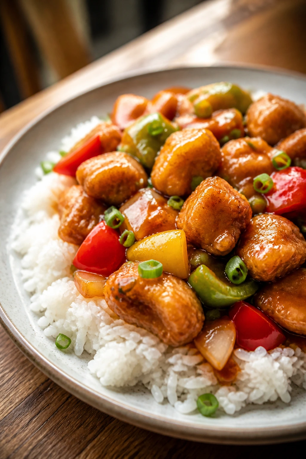 Close-up of crispy sweet-and-sour chicken on rice with scallion garnish on a plate