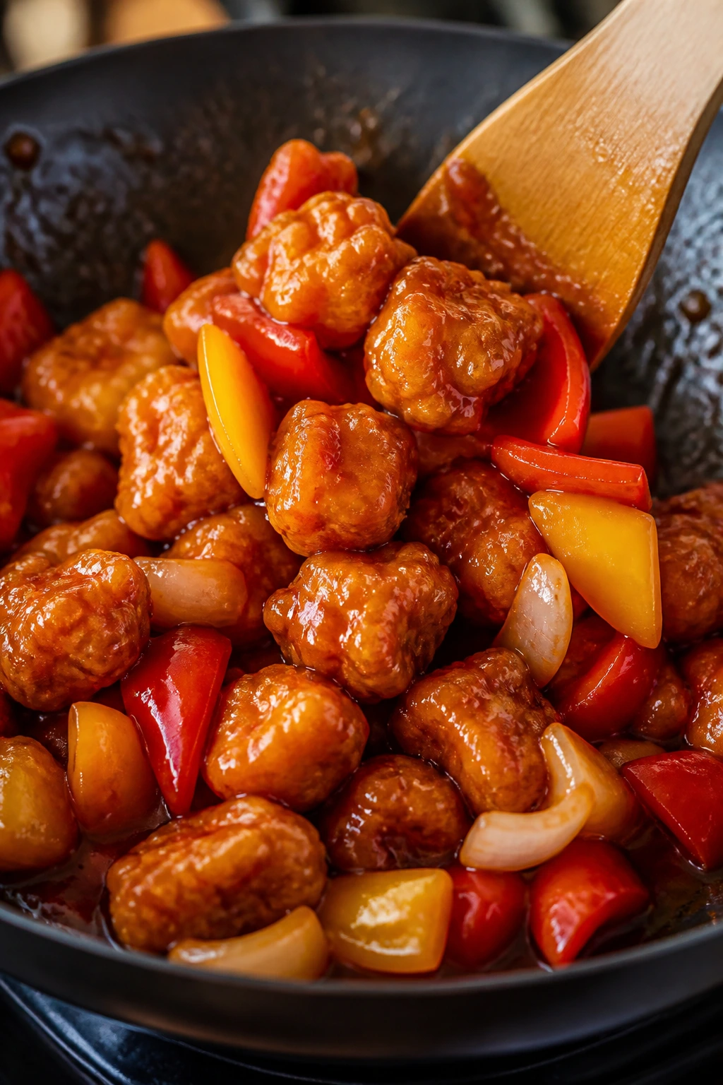 Crispy chicken coated in glossy sauce ready to serve