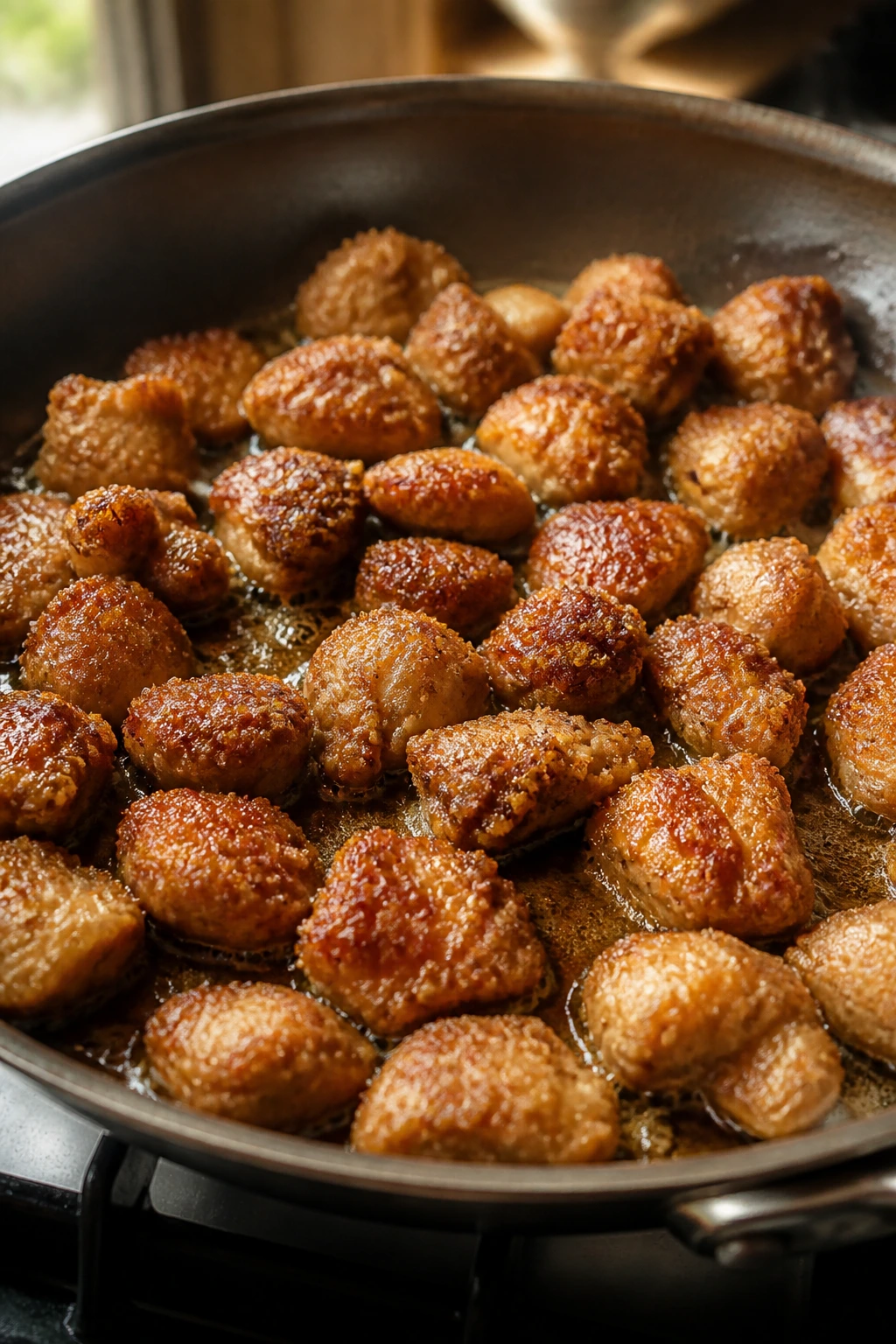 Close-up of crispy chicken pieces frying in a skillet with golden crust