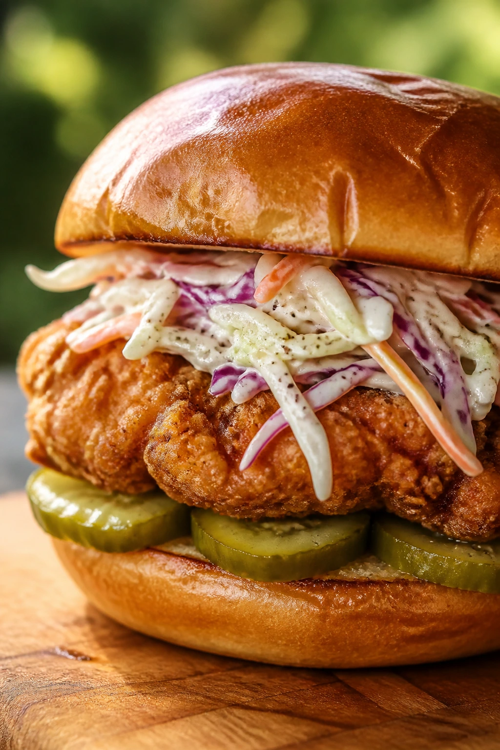 Crispy chicken sandwich with slaw and pickles close-up outdoors