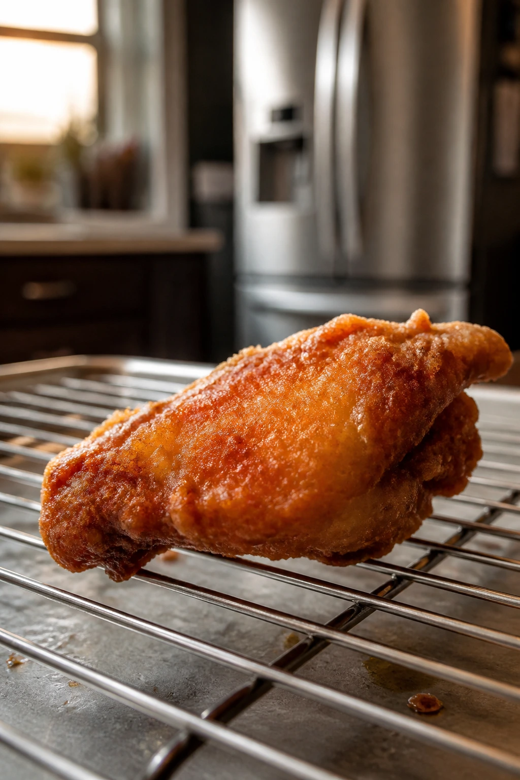 Close-up of a crispy fried chicken wing on a wire rack in a warm kitchen
