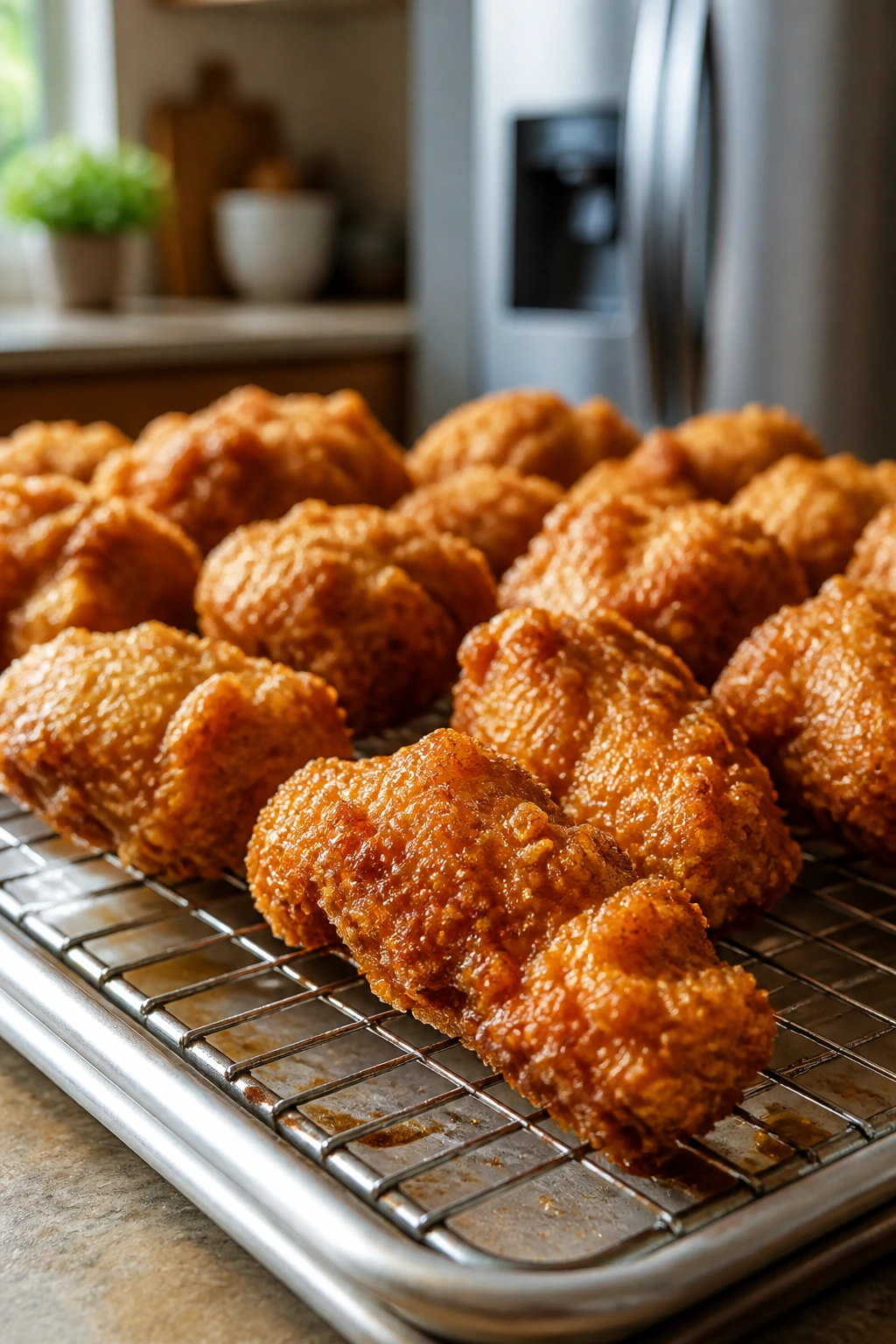 Crispy fried chicken on a wire rack cooling in a kitchen