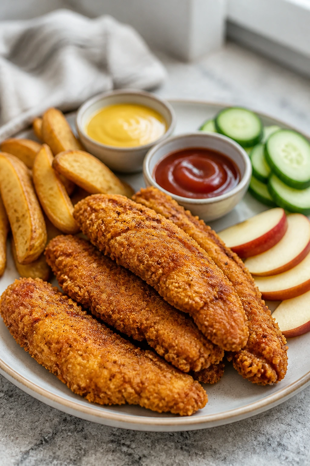 Plate of crispy chicken tenders with fries and dips