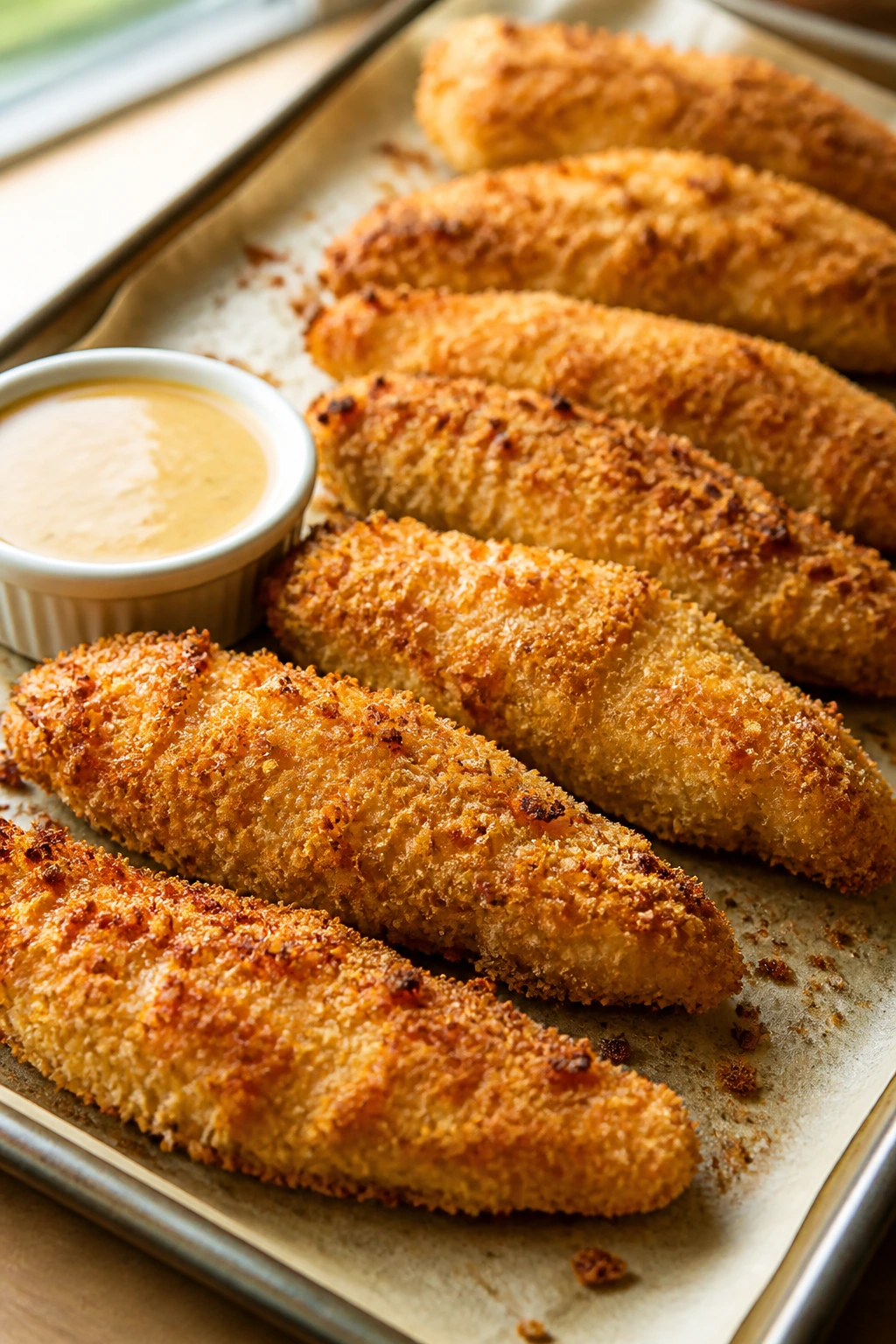 Close-up of crispy panko chicken tenders with dipping sauce