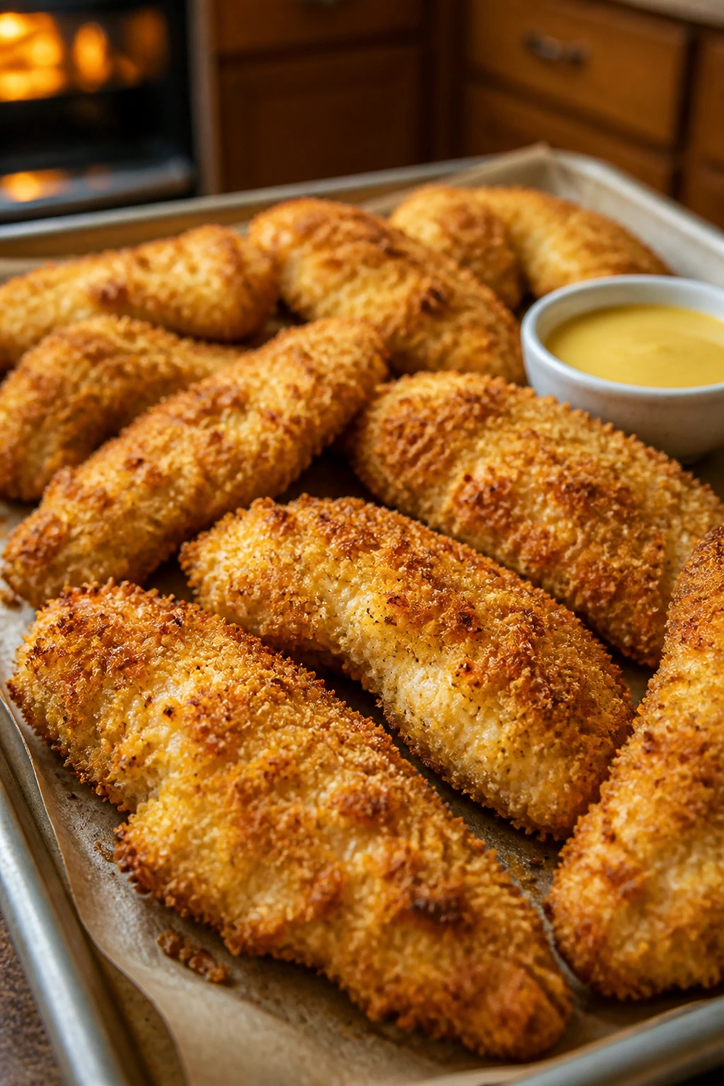 Close-up of crispy baked chicken tenders on a sheet pan in a warm kitchen