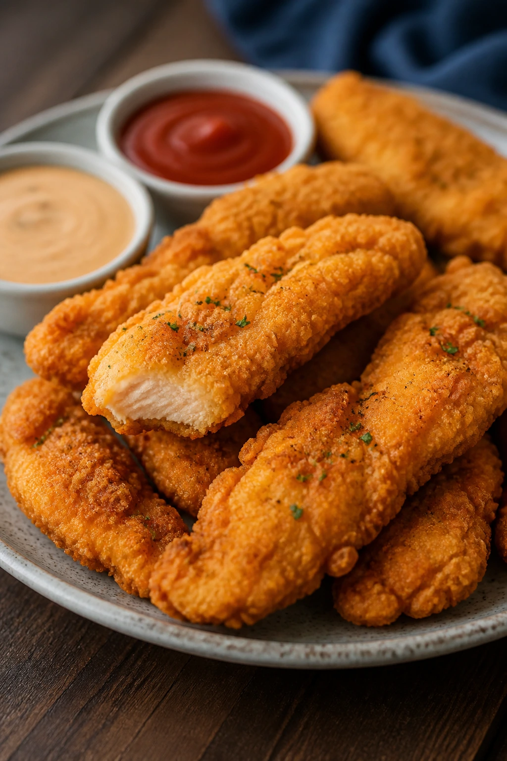 Plate of crispy chicken tenders with dipping sauces