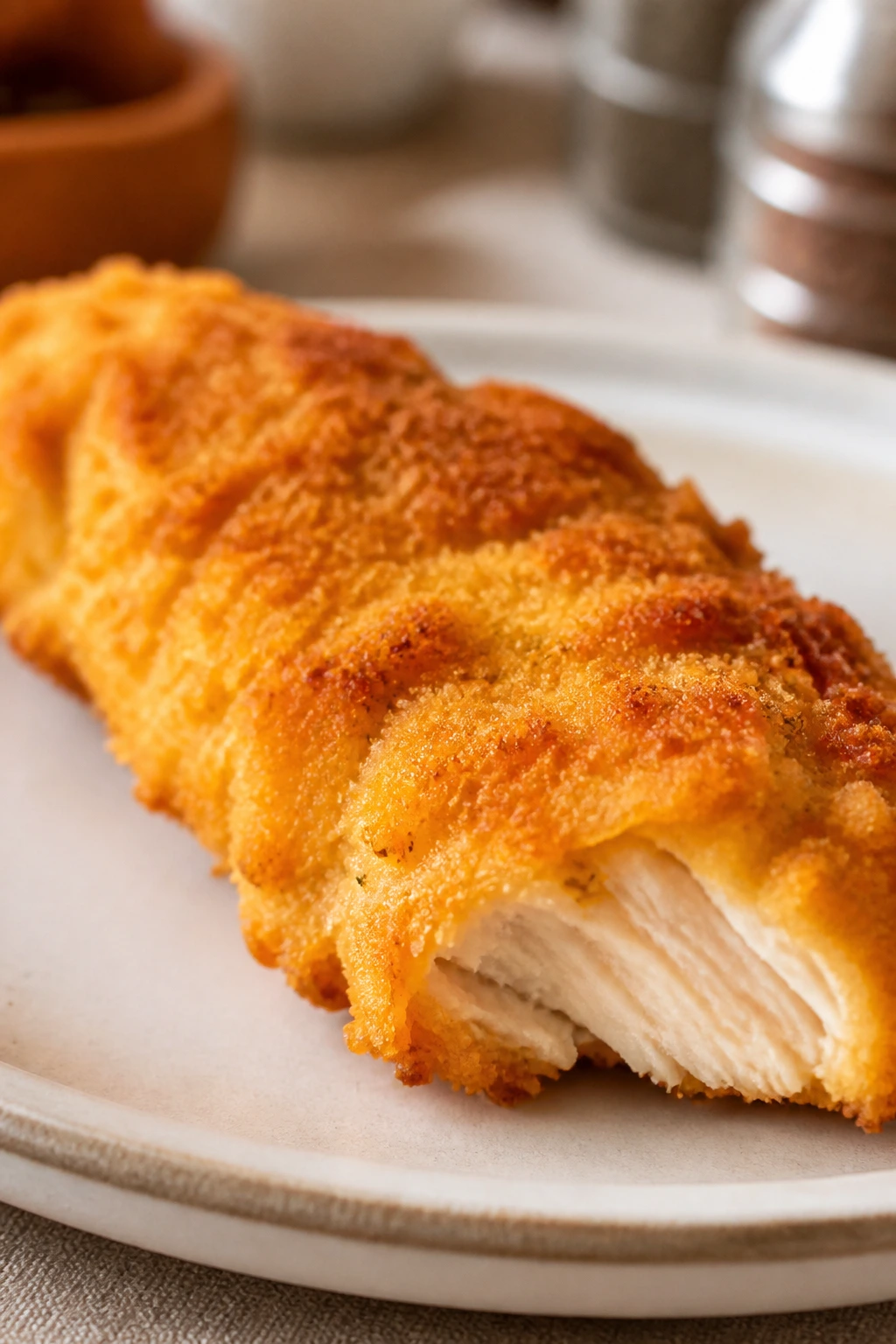 Close-up of a crispy baked chicken tender with golden coating