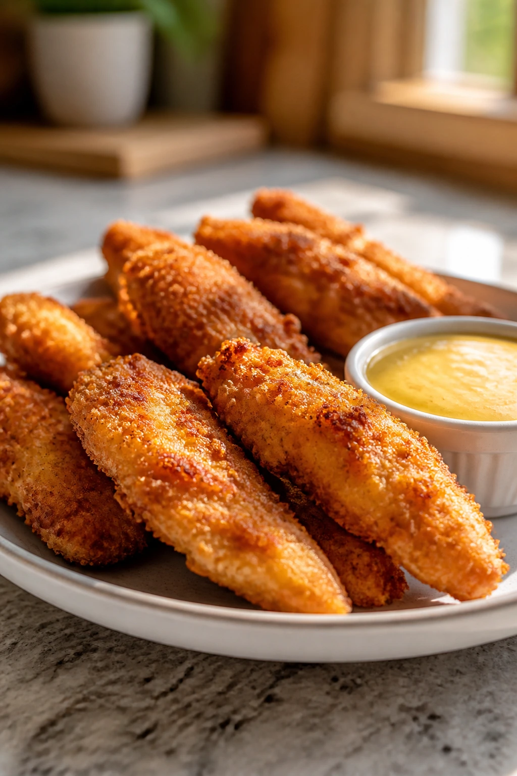 Close-up of crispy oven chicken tenders with honey mustard on a plate