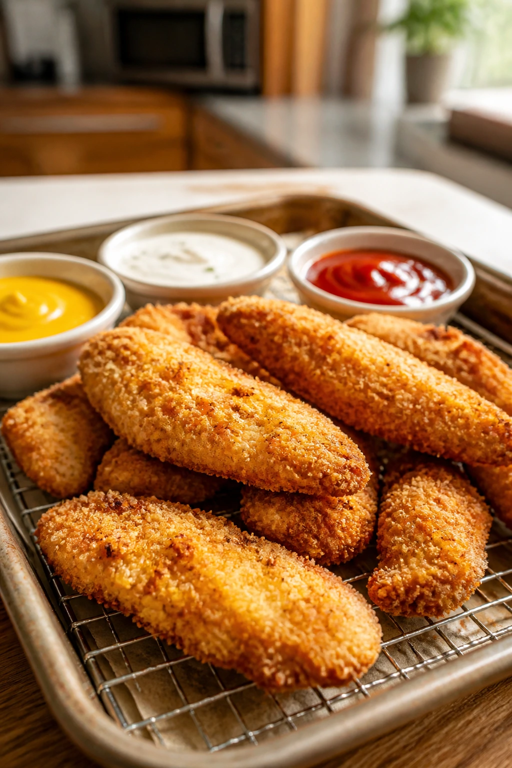 Close-up of crispy oven-baked chicken tenders with dipping sauces on a warm kitchen counter