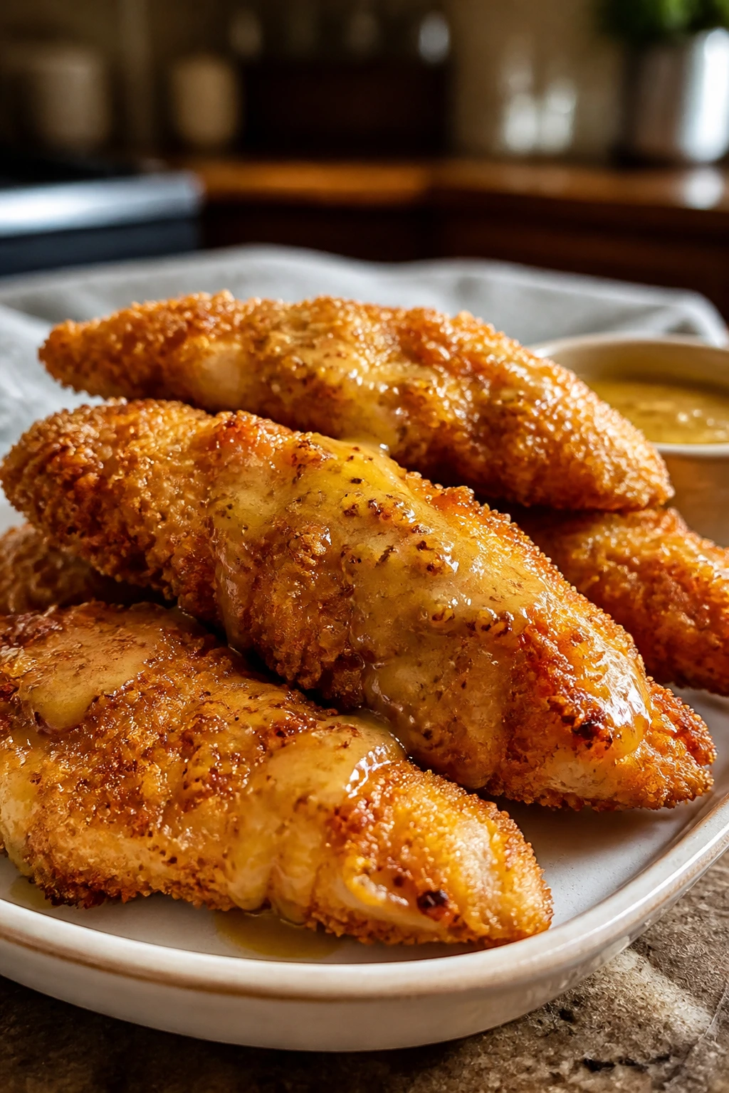Close-up of crispy baked chicken tenders with honey mustard glaze