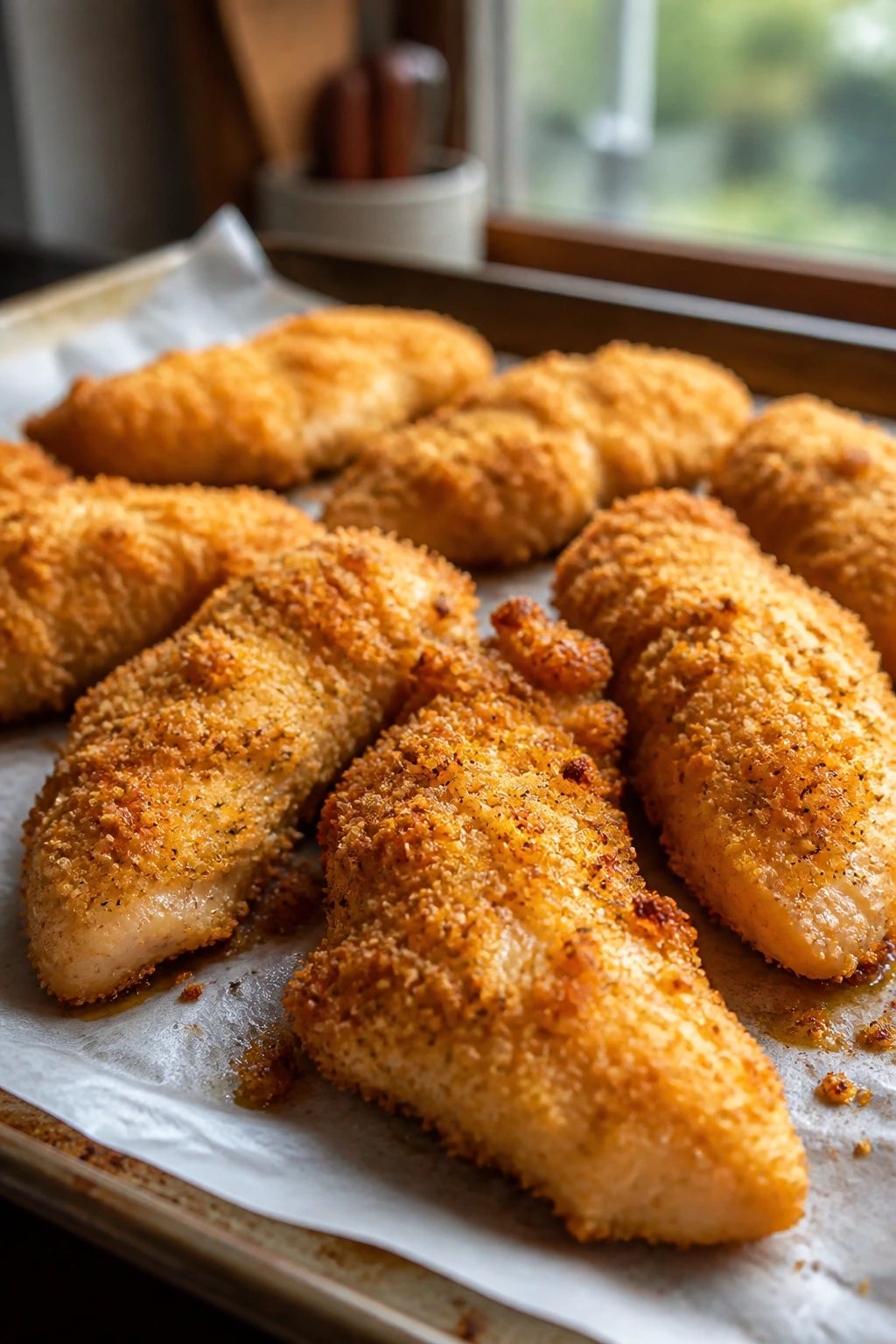 Golden-crusted chicken tenders on a baking sheet