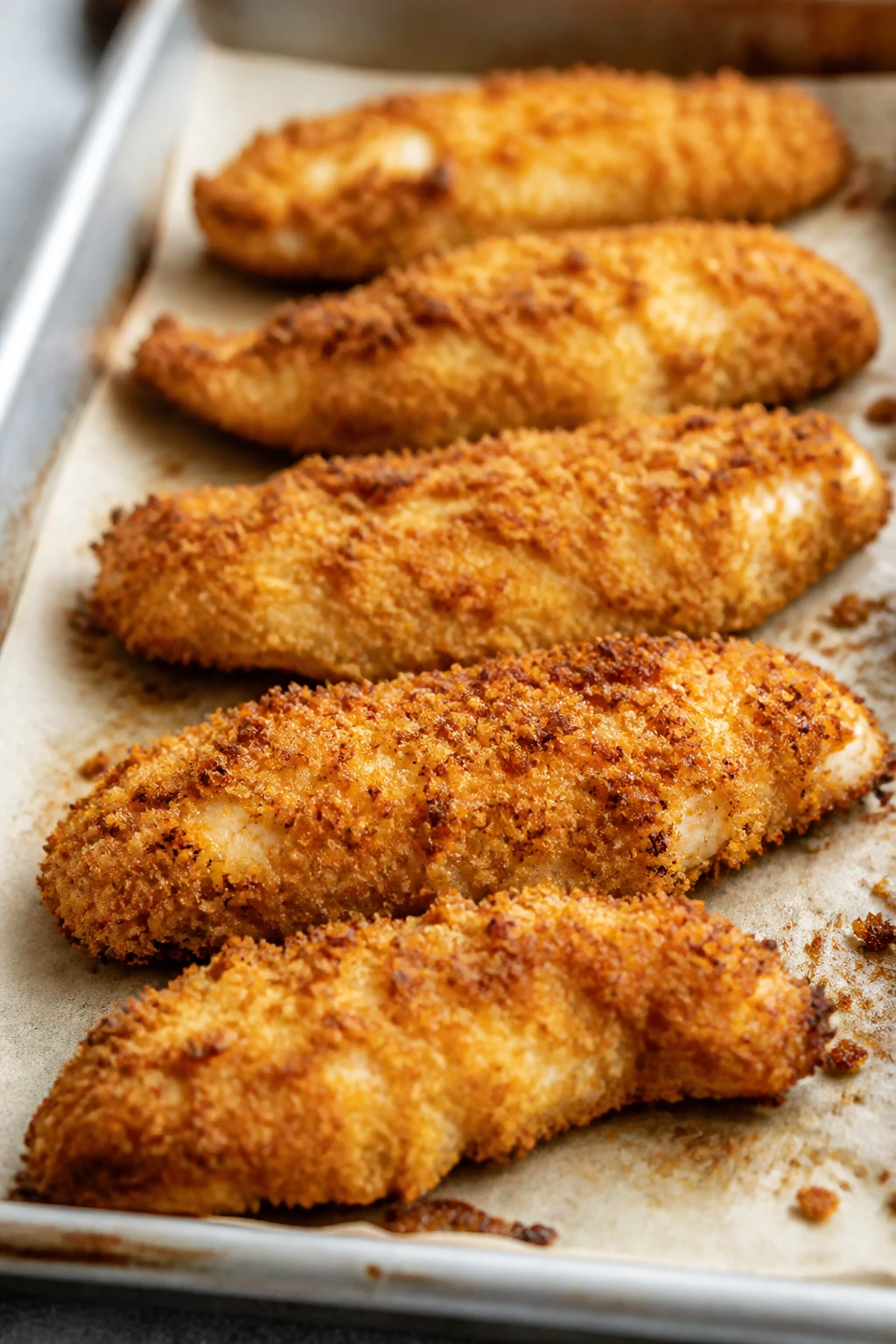 Close-up of crispy baked chicken tenders on a baking sheet