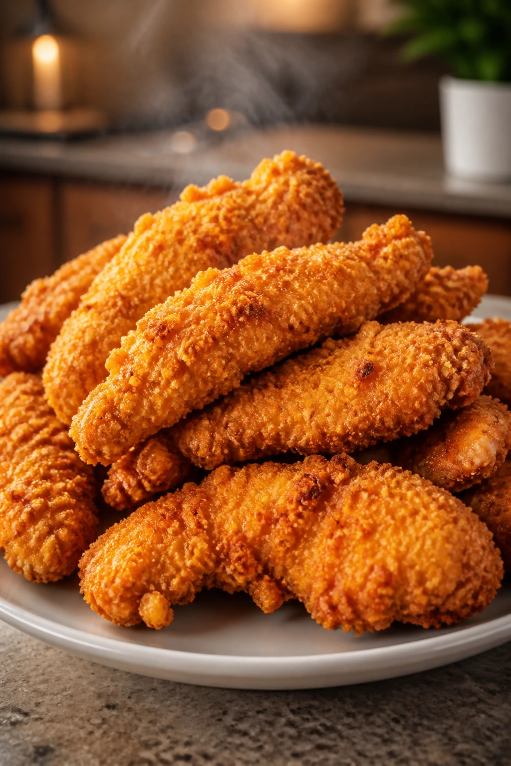 Close up of crispy oven chicken tenders on a plate