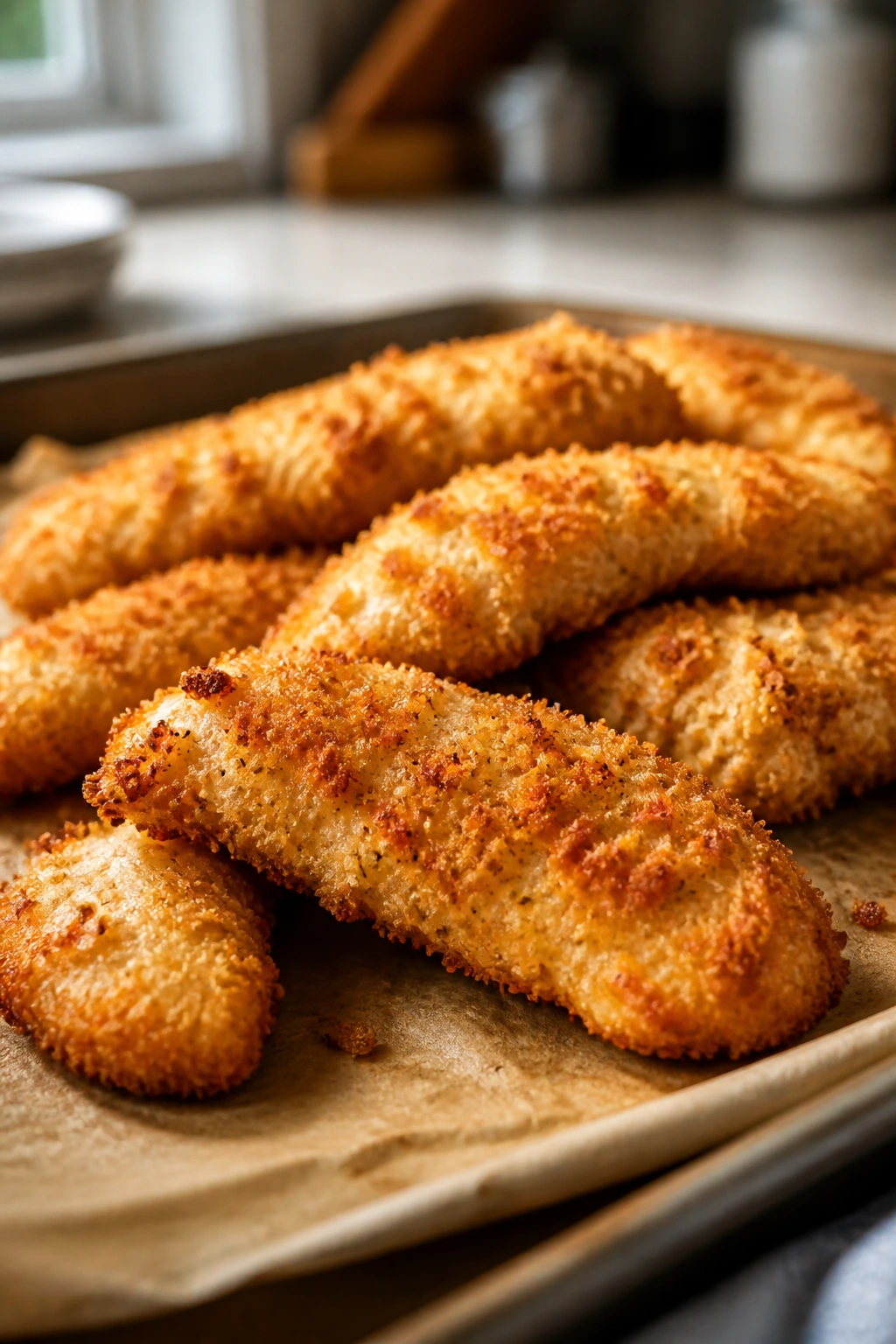 Close-up of crispy oven-baked chicken tenders on parchment in a warm kitchen
