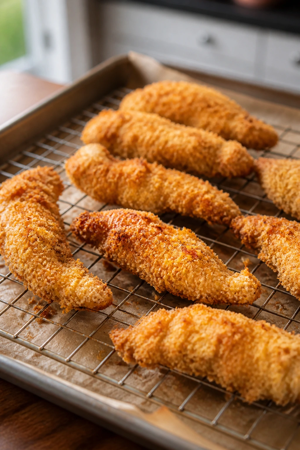 Golden crispy oven-baked chicken tenders on a rack in a kitchen.