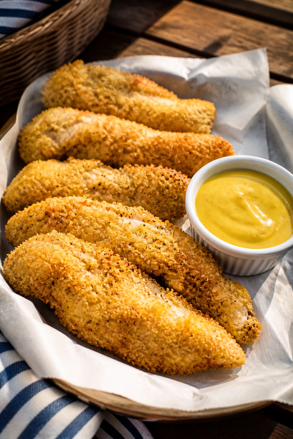 Close-up of crispy baked chicken tenders with honey mustard at a sunny picnic table