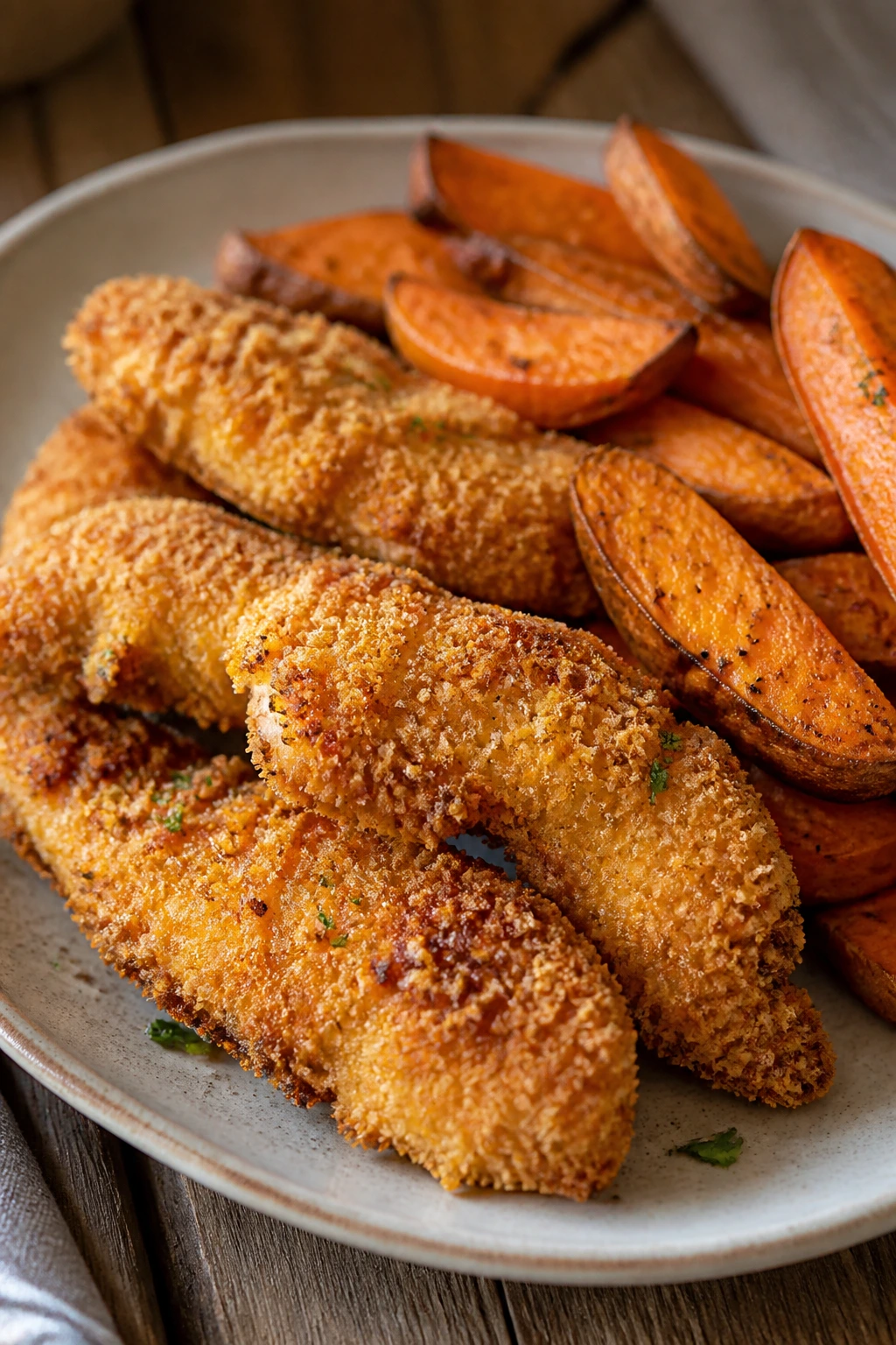 Close-up of crispy chicken tenders with sweet potato wedges on plate