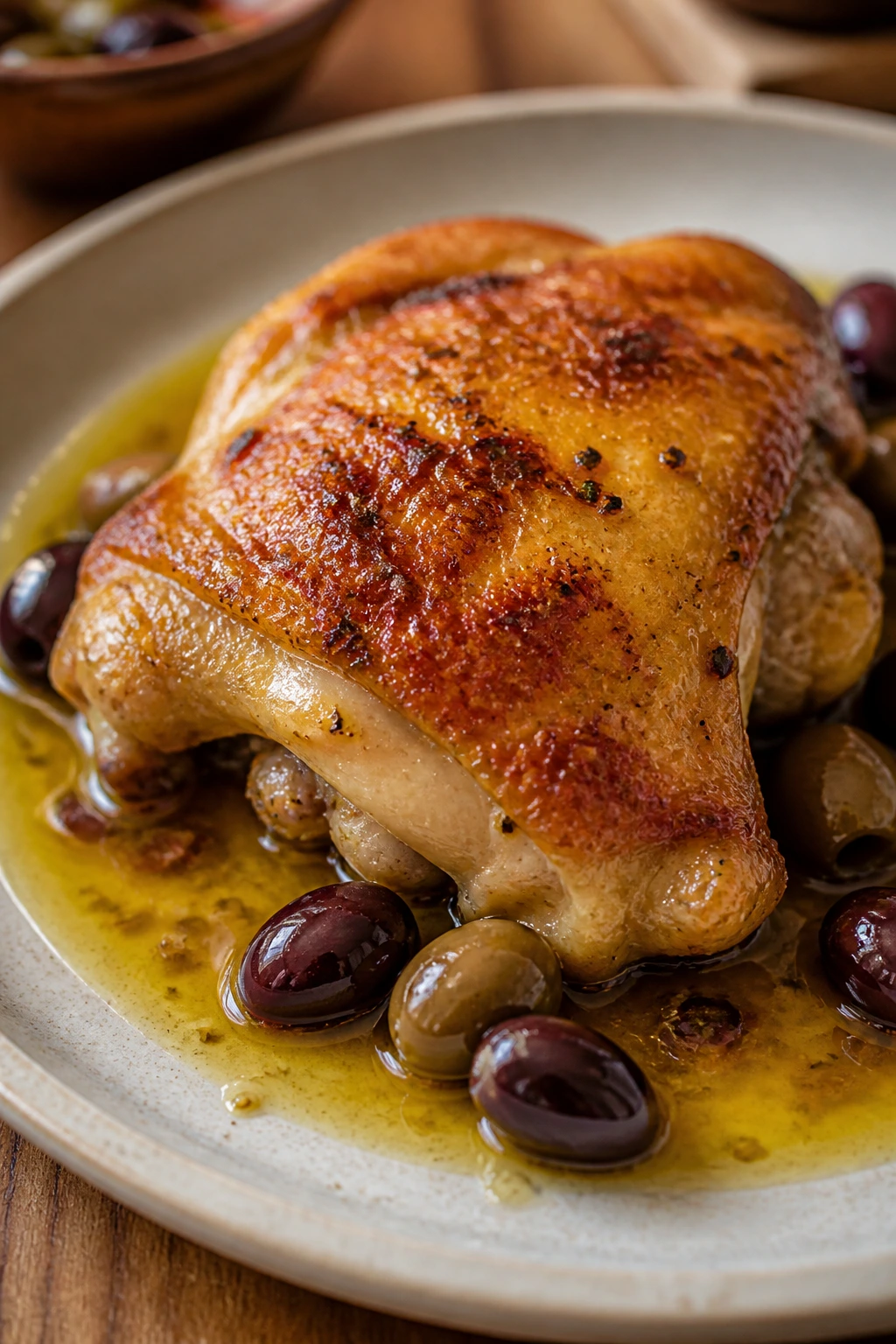 Crispy chicken thigh on plate with glossy sauce