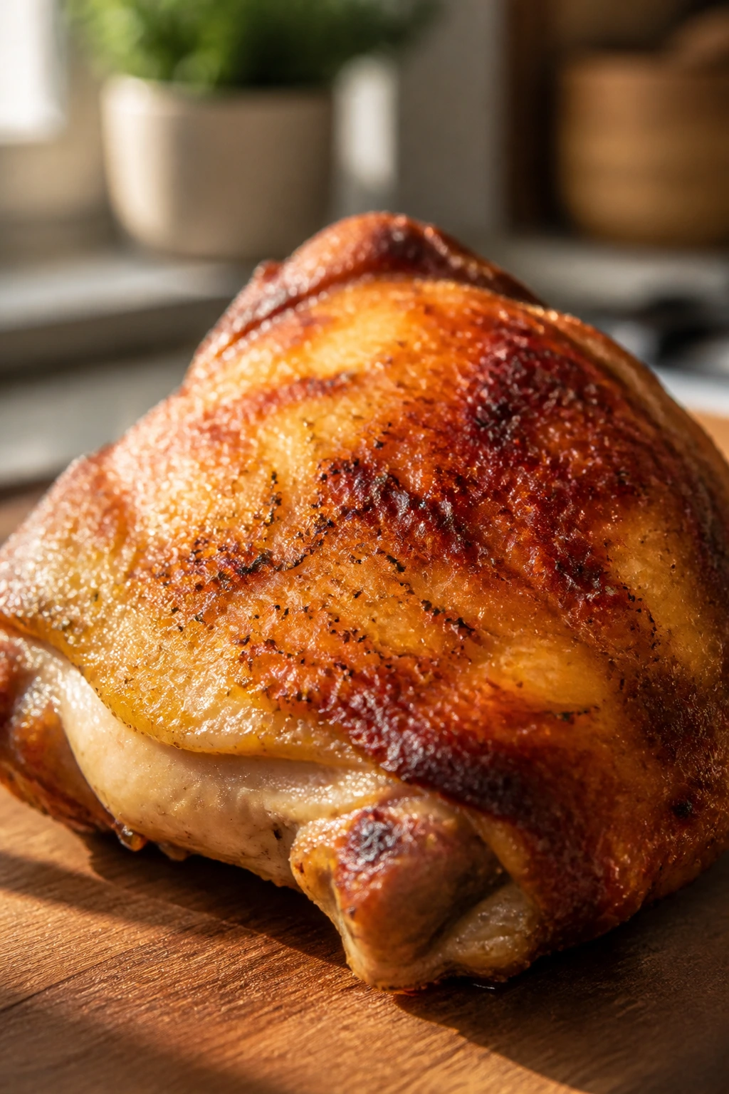 Bone-in, skin-on chicken thigh with crispy skin on a plate