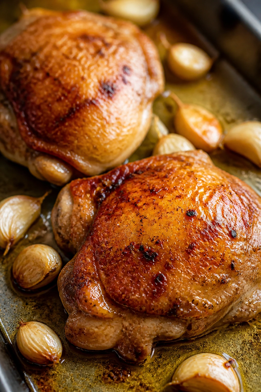 Two crispy chicken thighs on a sheet pan with garlic cloves in a warm kitchen light