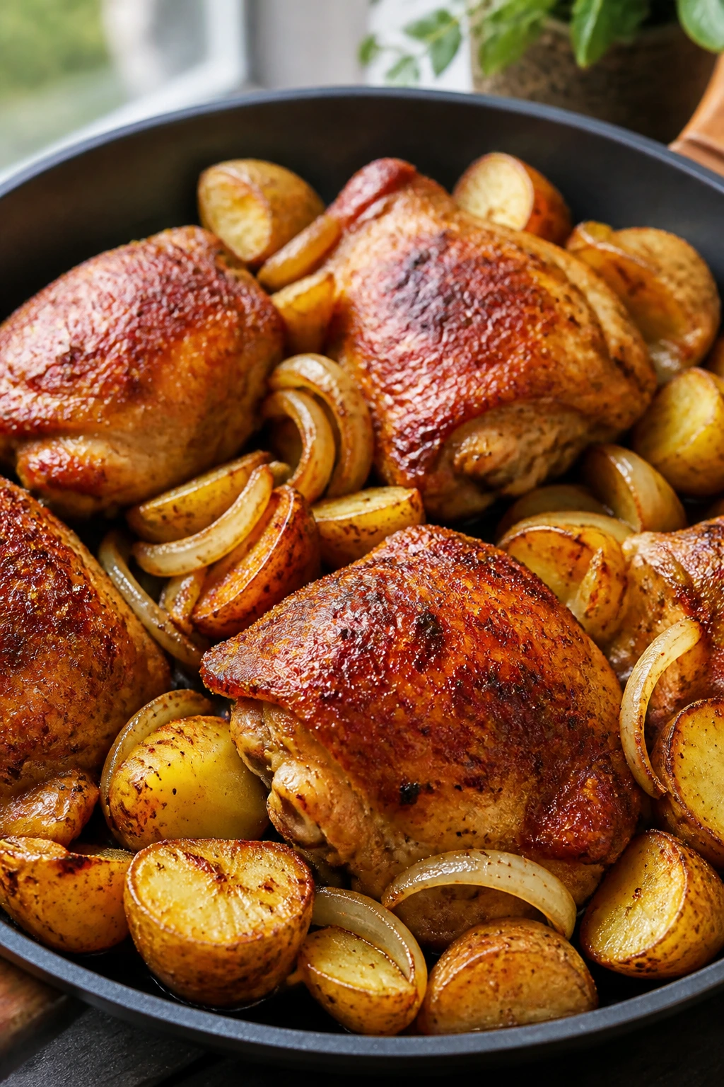 Close-up of crispy chicken thighs with potatoes and onions on a plate