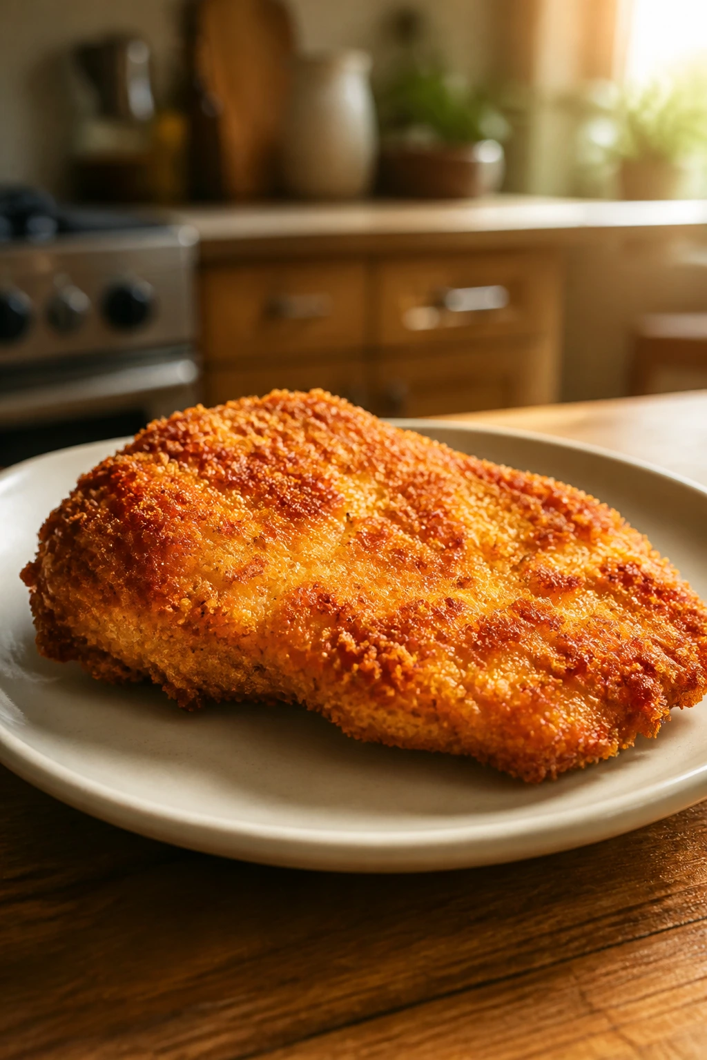 Crispy chicken cutlet resting on plate in warm kitchen light.