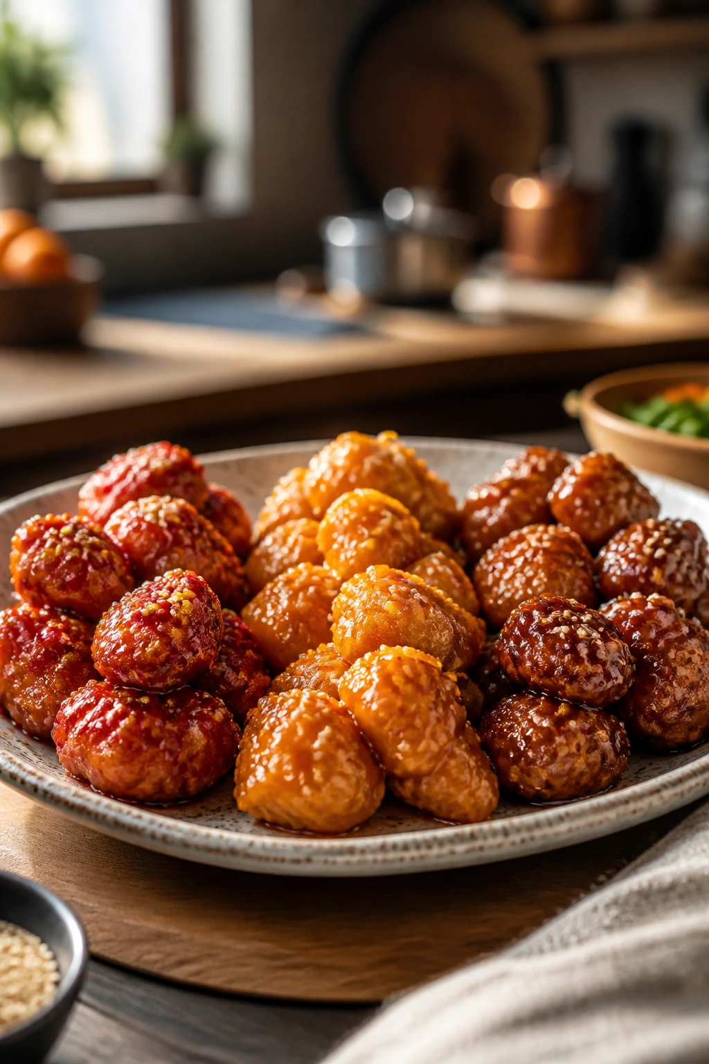 Plate of crispy honey sesame chicken with varied glazes indicating flavor variations