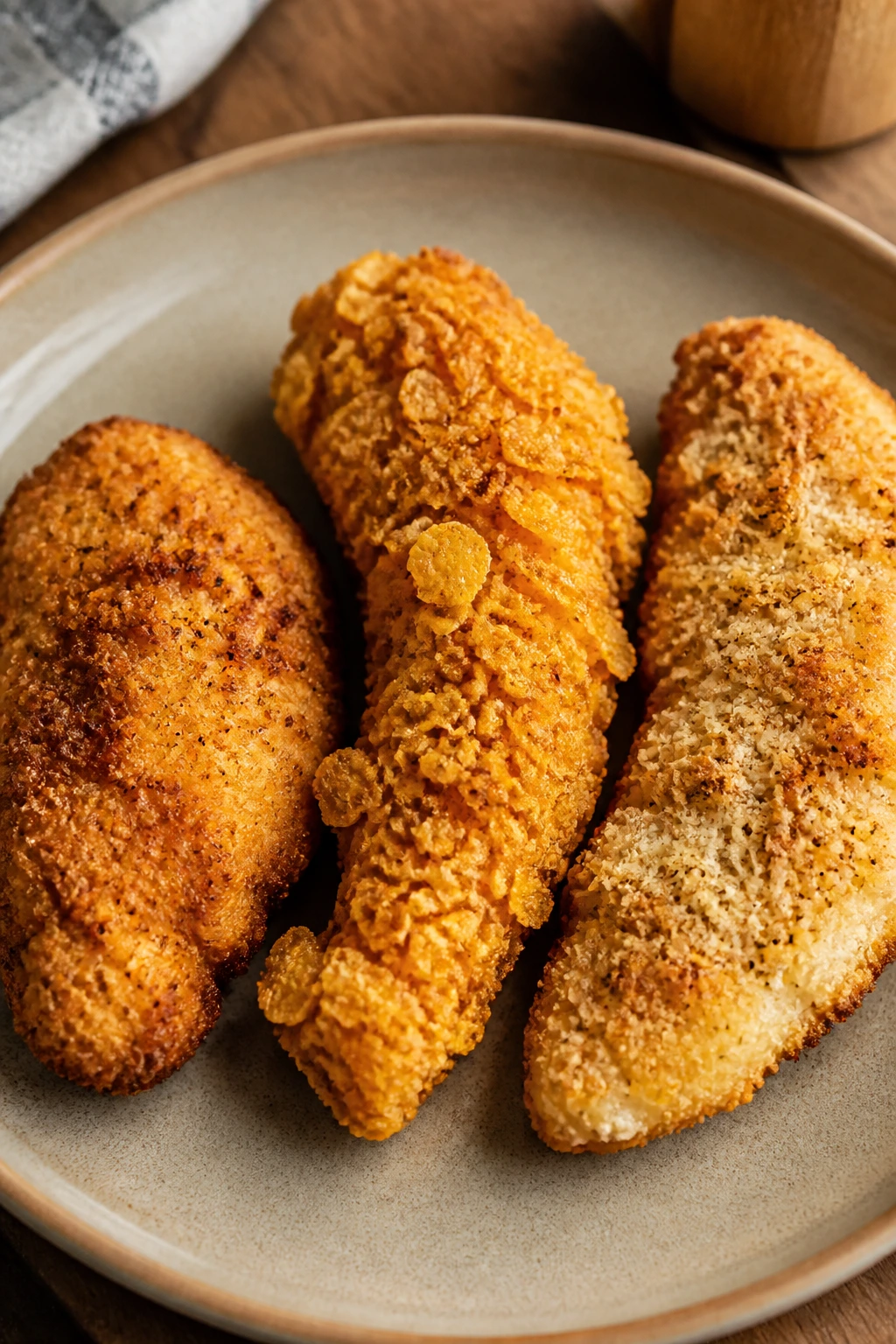 Plate of three differently coated crispy chicken pieces for picky eaters.