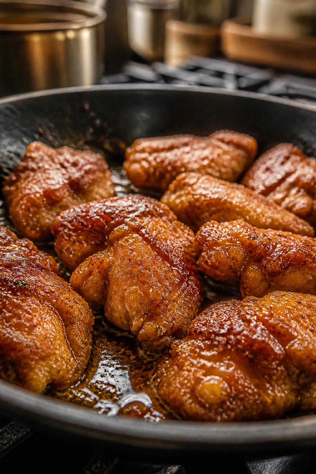 Close-up of crispy honey chicken pieces with crackly crust and glaze in a home kitchen