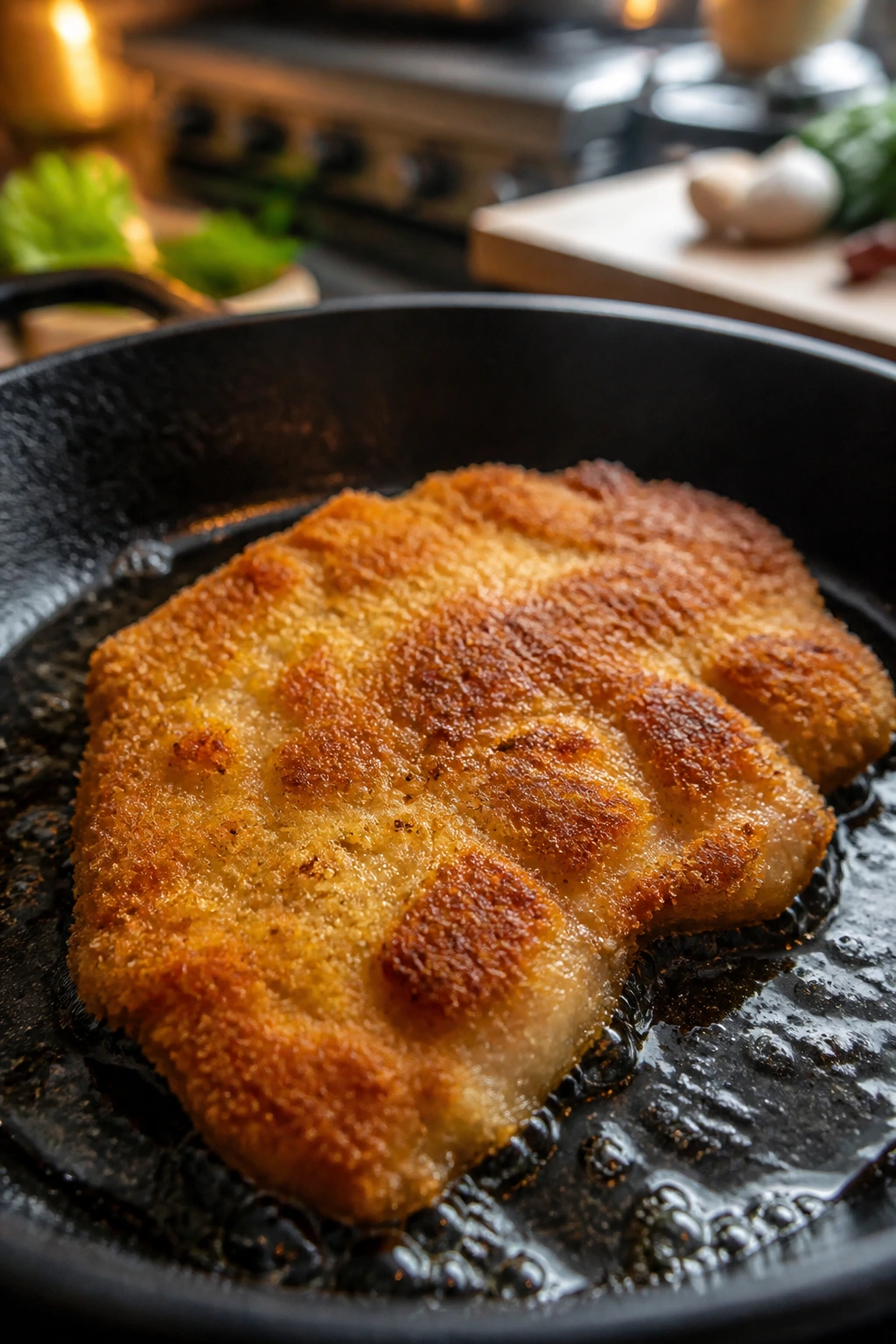 Close-up of a crispy chicken cutlet browning in a hot skillet