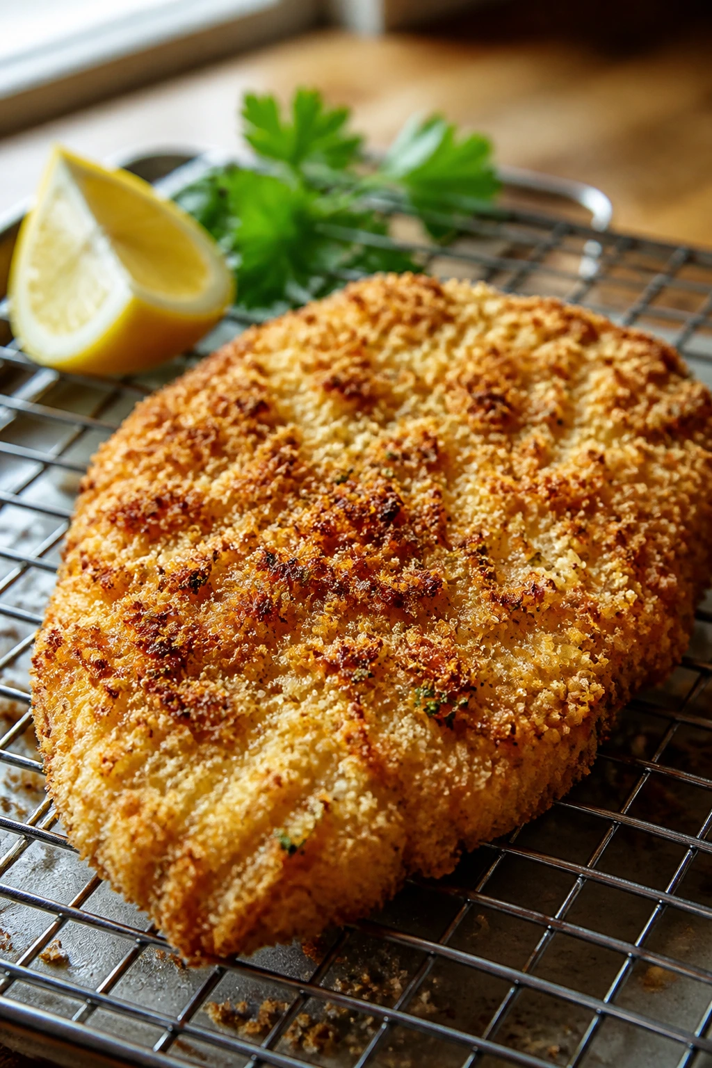 Close-up of crispy yogurt chicken cutlet on a rack with lemon and parsley in a warm kitchen