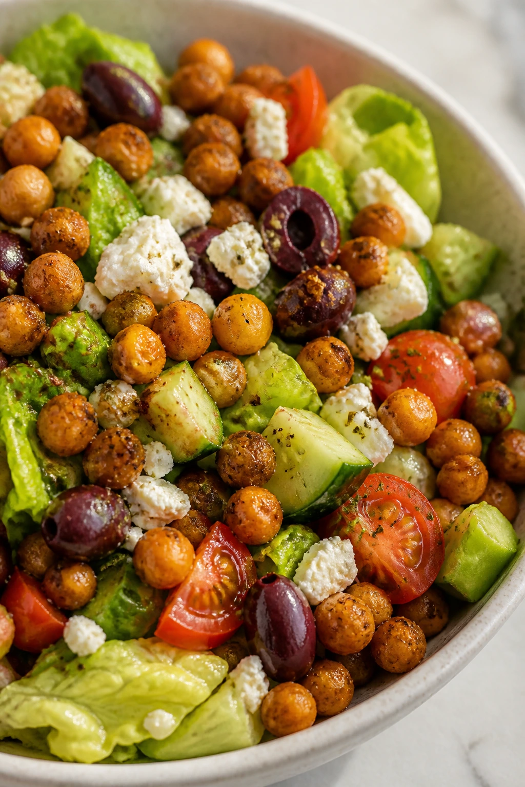 Crispy chickpea Greek salad close-up