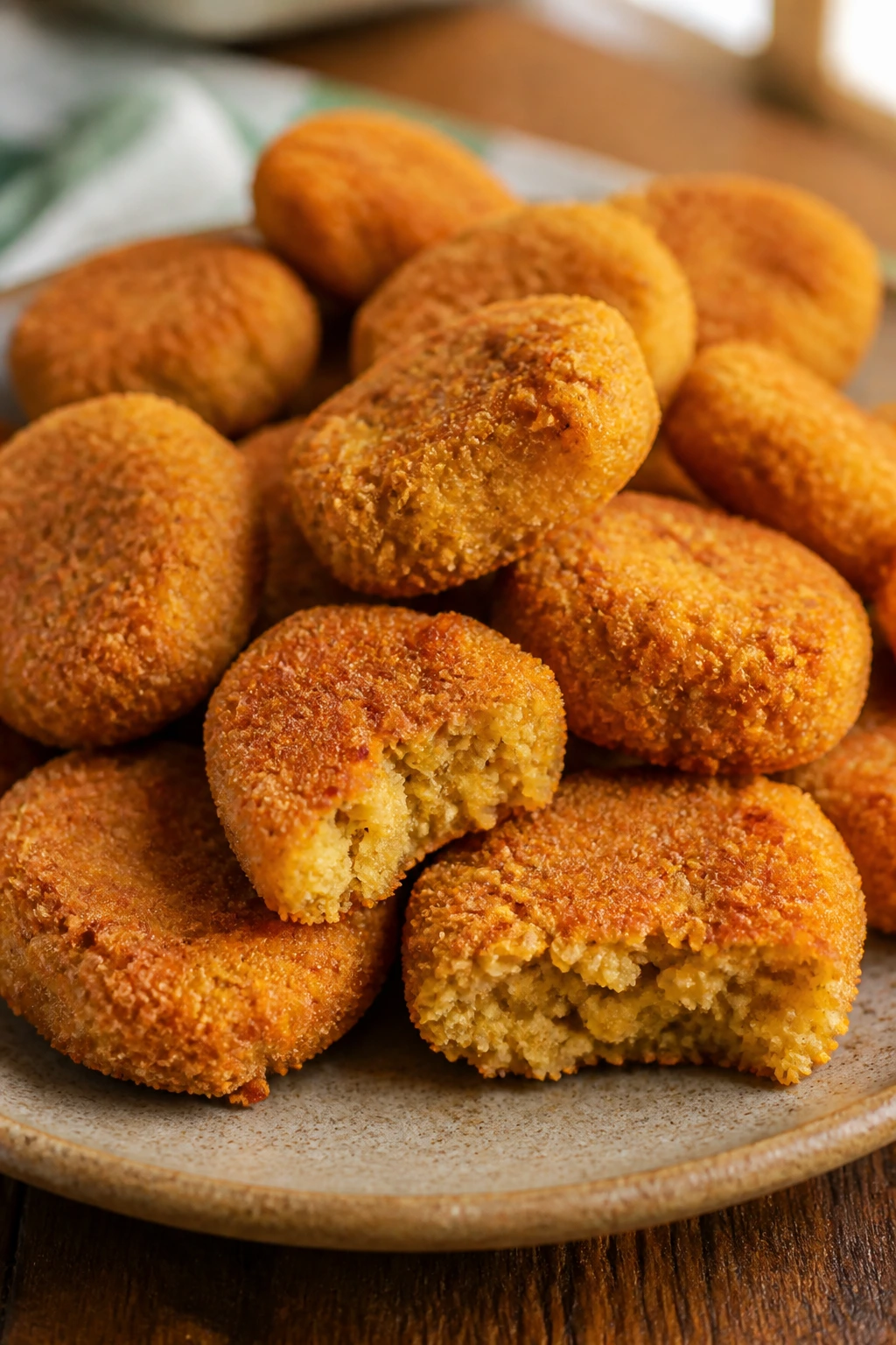 Close-up of crispy chickpea nuggets on a rustic plate in a cozy kitchen
