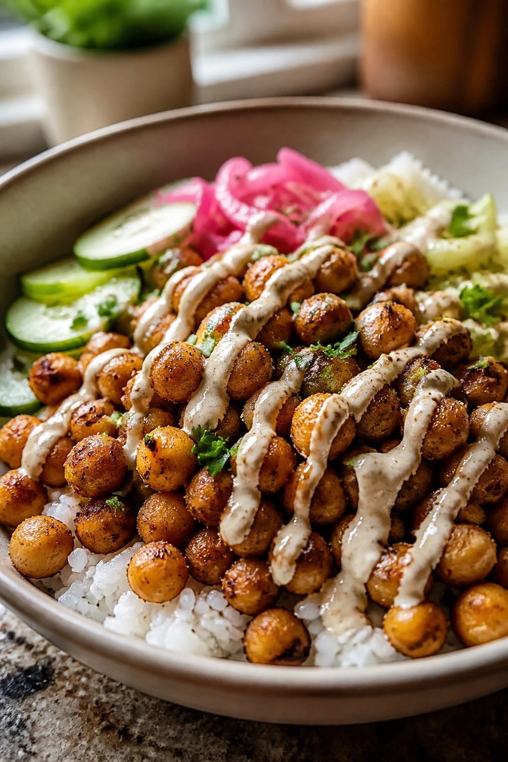 Bowl of crispy chickpea shawarma with rice and toppings.
