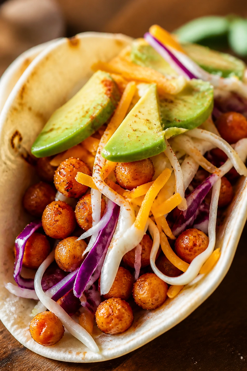 Close-up of crispy chickpea taco with toppings