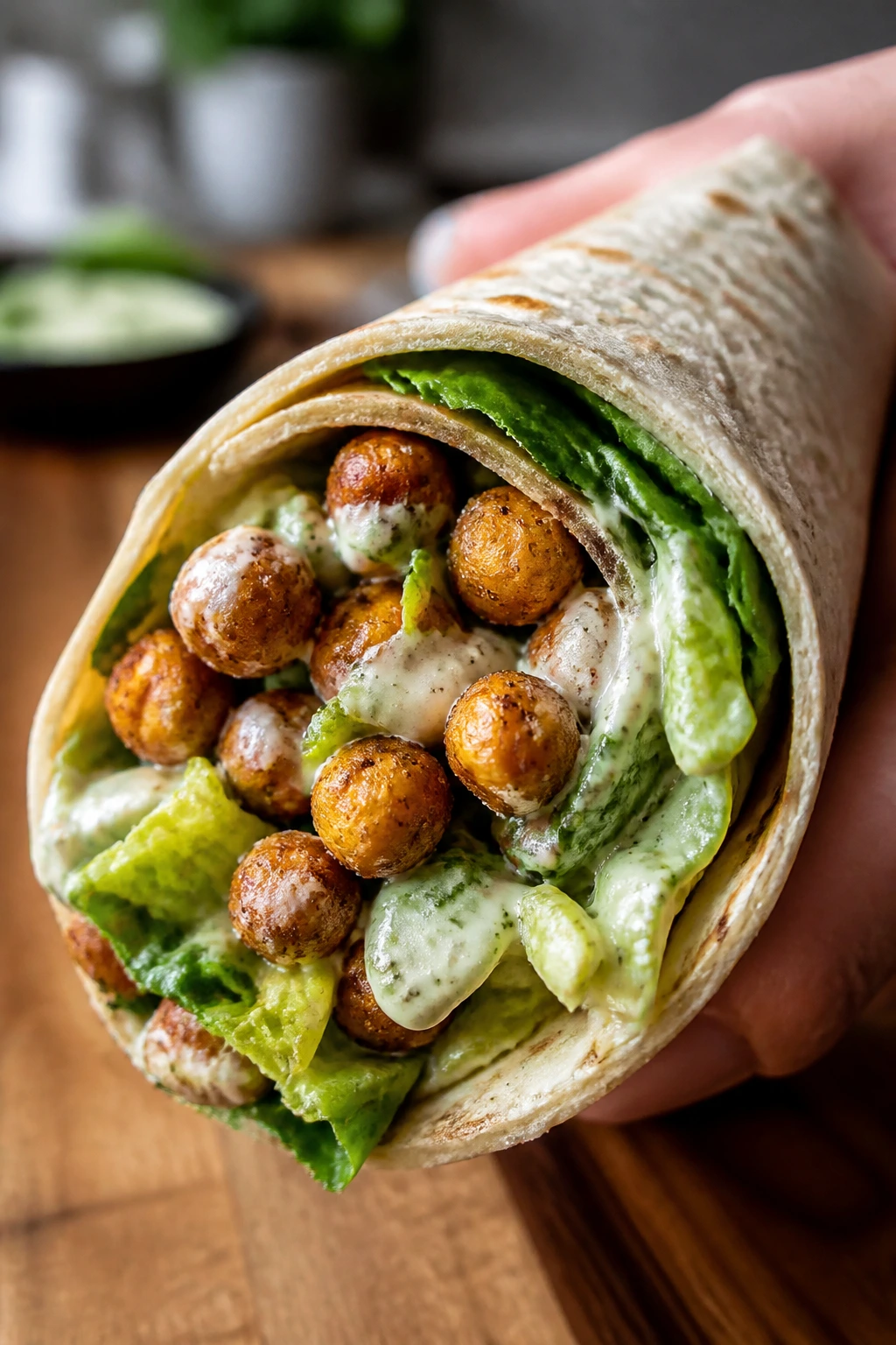 Crispy chickpea Caesar wrap showing filling