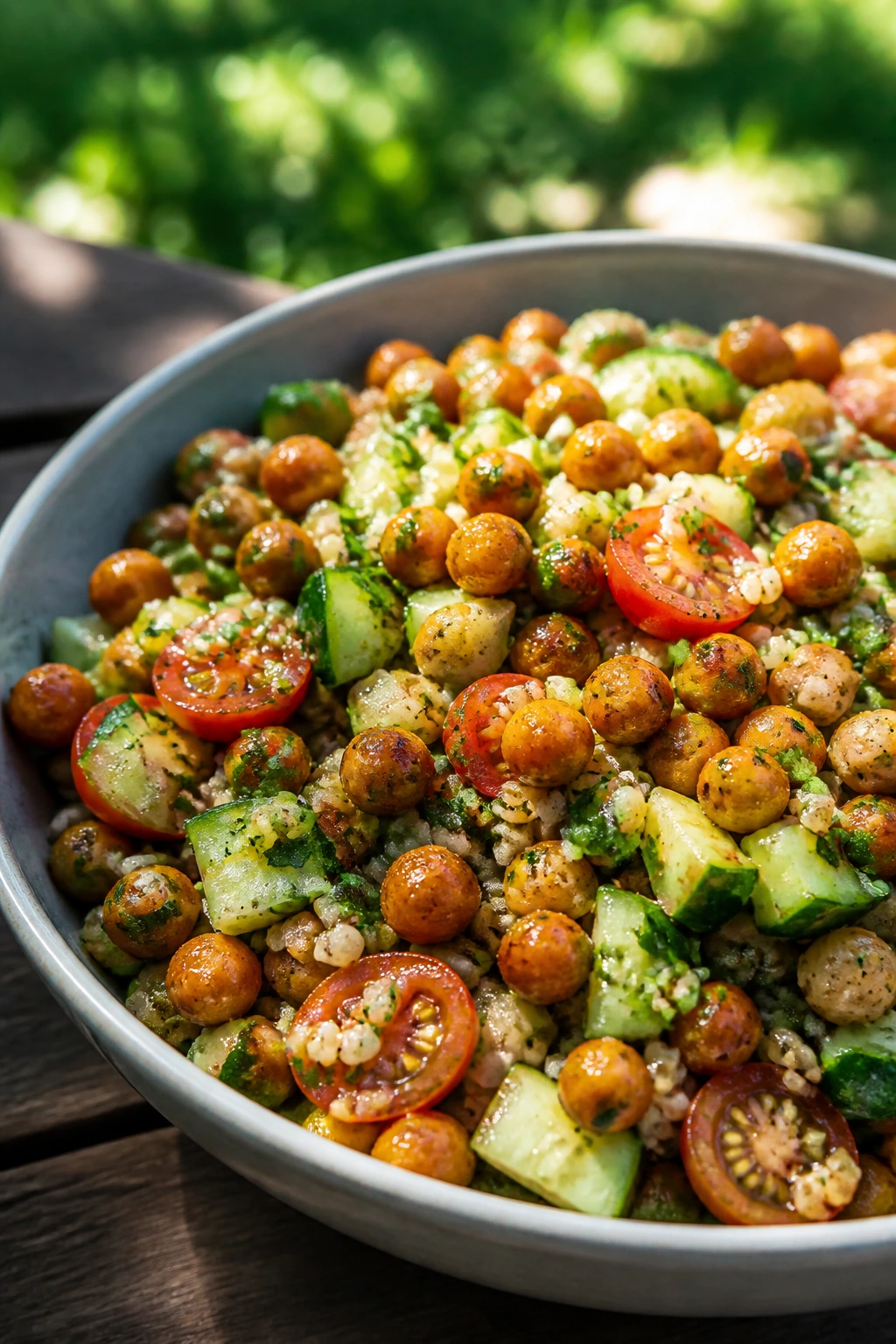 Close-up of crispy chickpea and herb grain salad in a bowl on a rustic picnic table outdoors