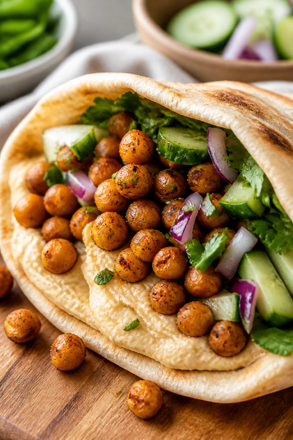 Pita with crispy chickpeas and hummus with vegetables