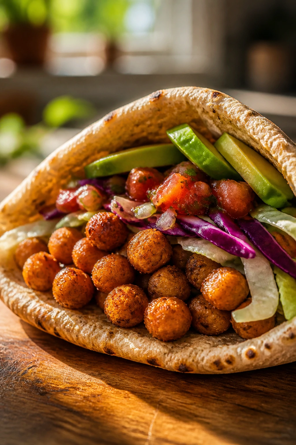 Close-up of crispy chickpea taco pita filling in a warm kitchen
