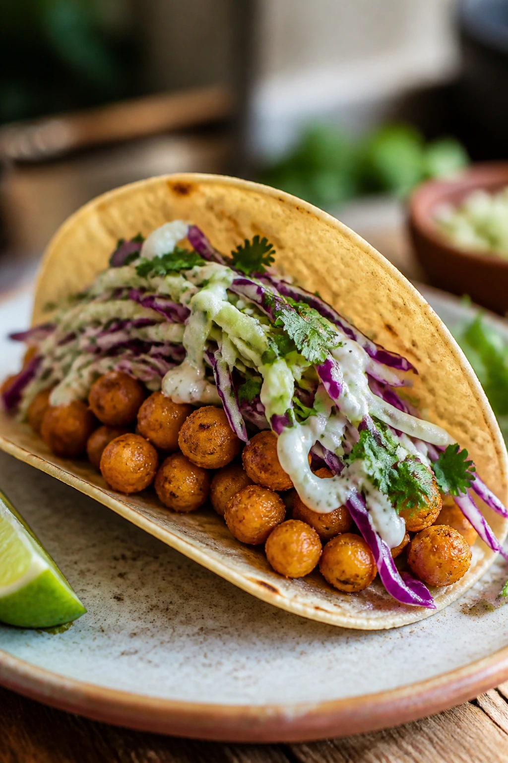 Close-up of a crispy chickpea taco with lime cabbage on a rustic plate