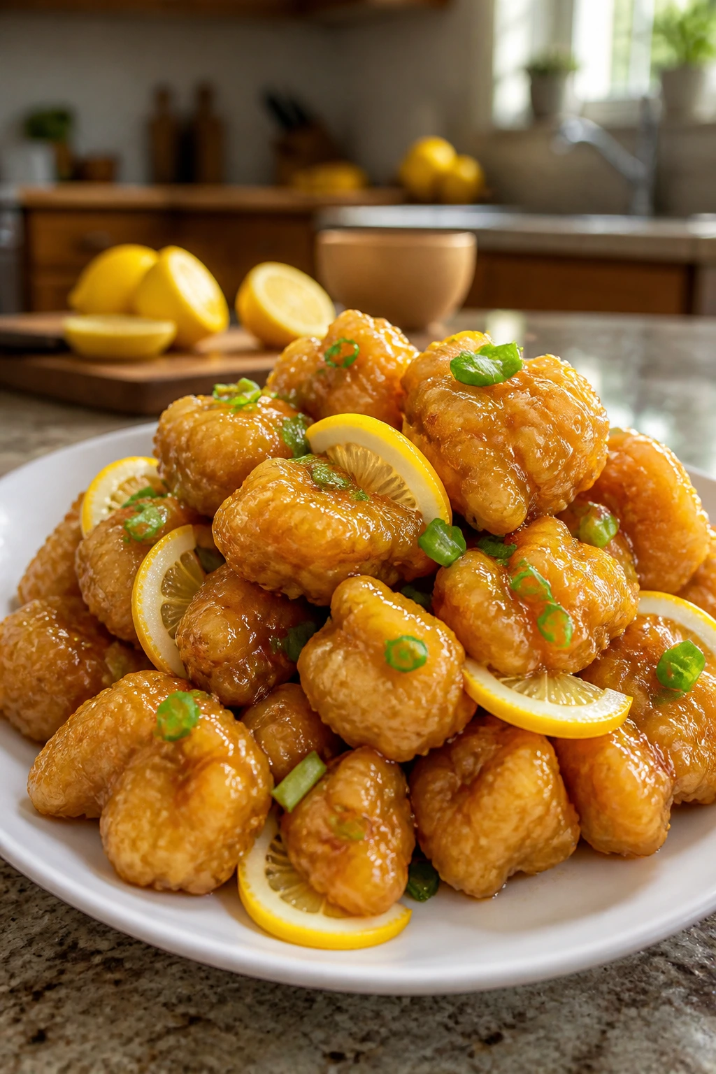 Close-up of crispy Chinese lemon chicken with glossy sauce on a plate