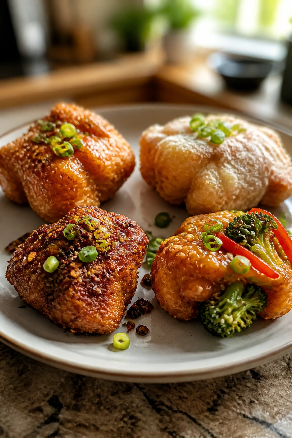 Close-up of four crispy bites with varied crust textures on a plate
