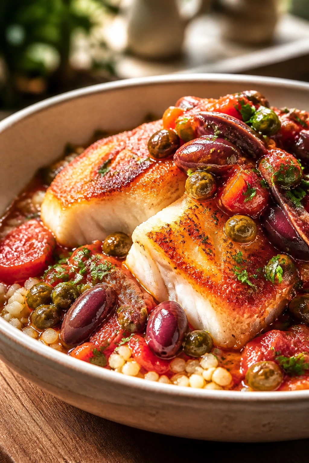 Crispy cod with puttanesca sauce over couscous in a bowl